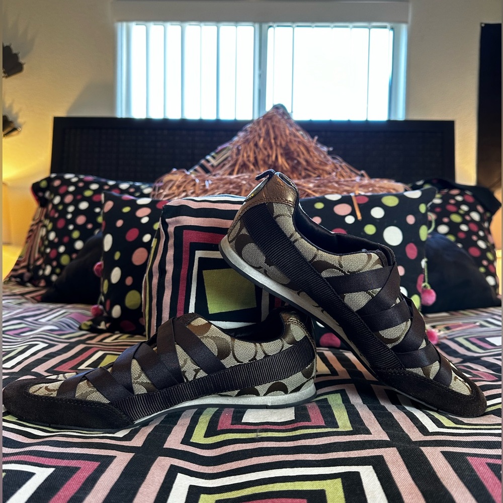 Coach “Harmonie” khaki and chocolate brown slip-on sneakers